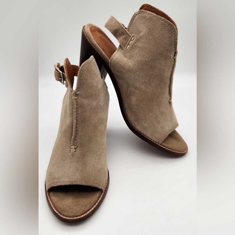 Frye Courtney Ash Brown Suede Slingback Open Toe Buckle Sandal Bootie Mule Sz 7B